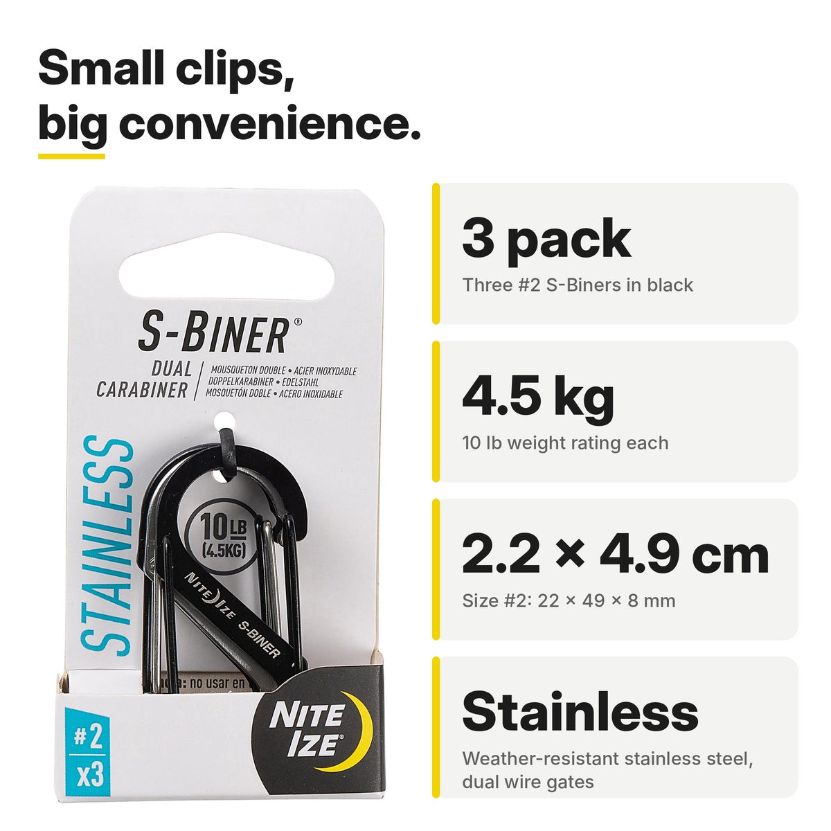 NITE IZE S-Biner® #2 Stainless Steel Carabiner 3Pack - Black
